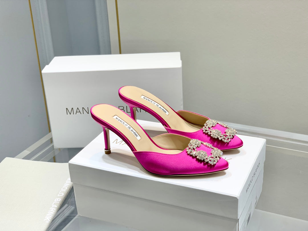 Manolo Buckle Mules 7cm Dark Pink Silk 208015