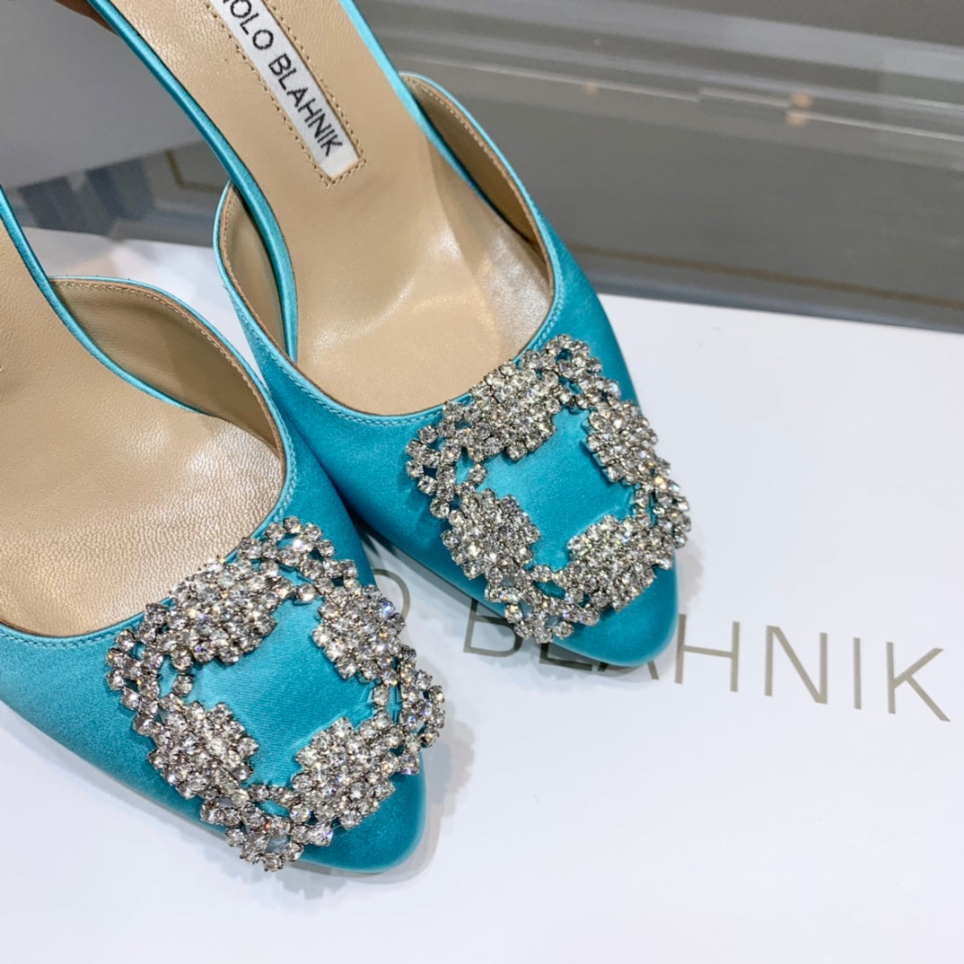 Manolo Buckle Mules 7cm Eletric Blue Silk 208017