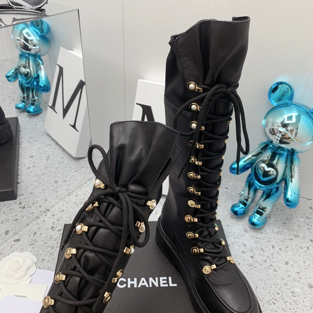 Chanel 2026 Knit Lace Up Combat Boots Black Calfskin 162215