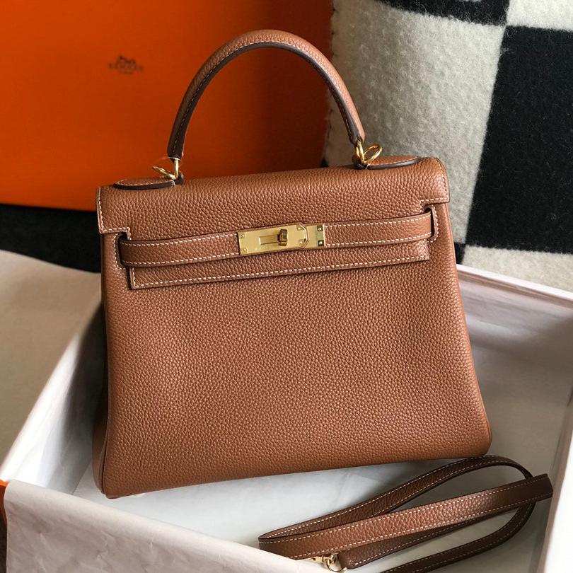 HM KELLY BAG IN BROWN TOGO GOLD HARDWARE