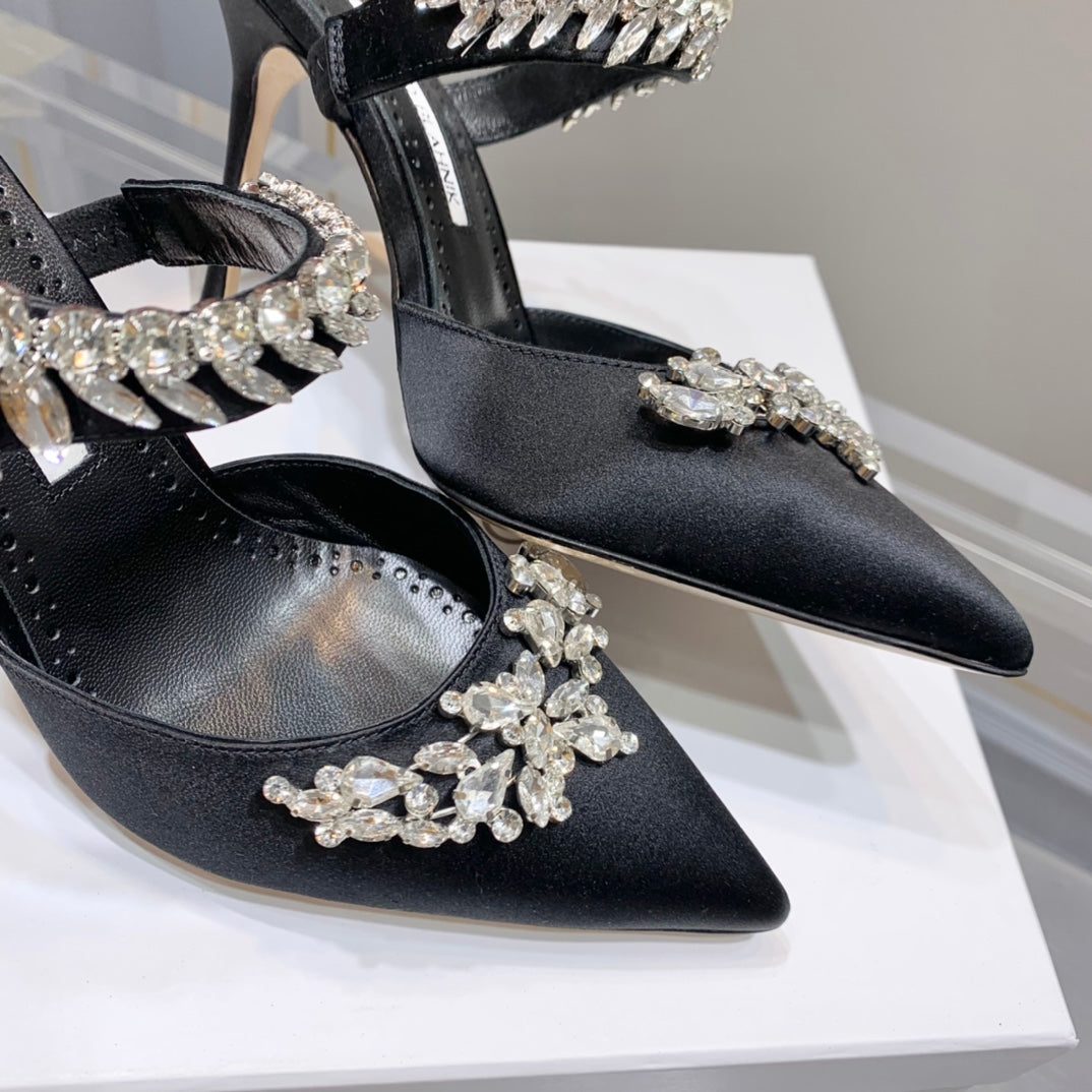 Manolo Mules Crystal Black Silk Satin 219377