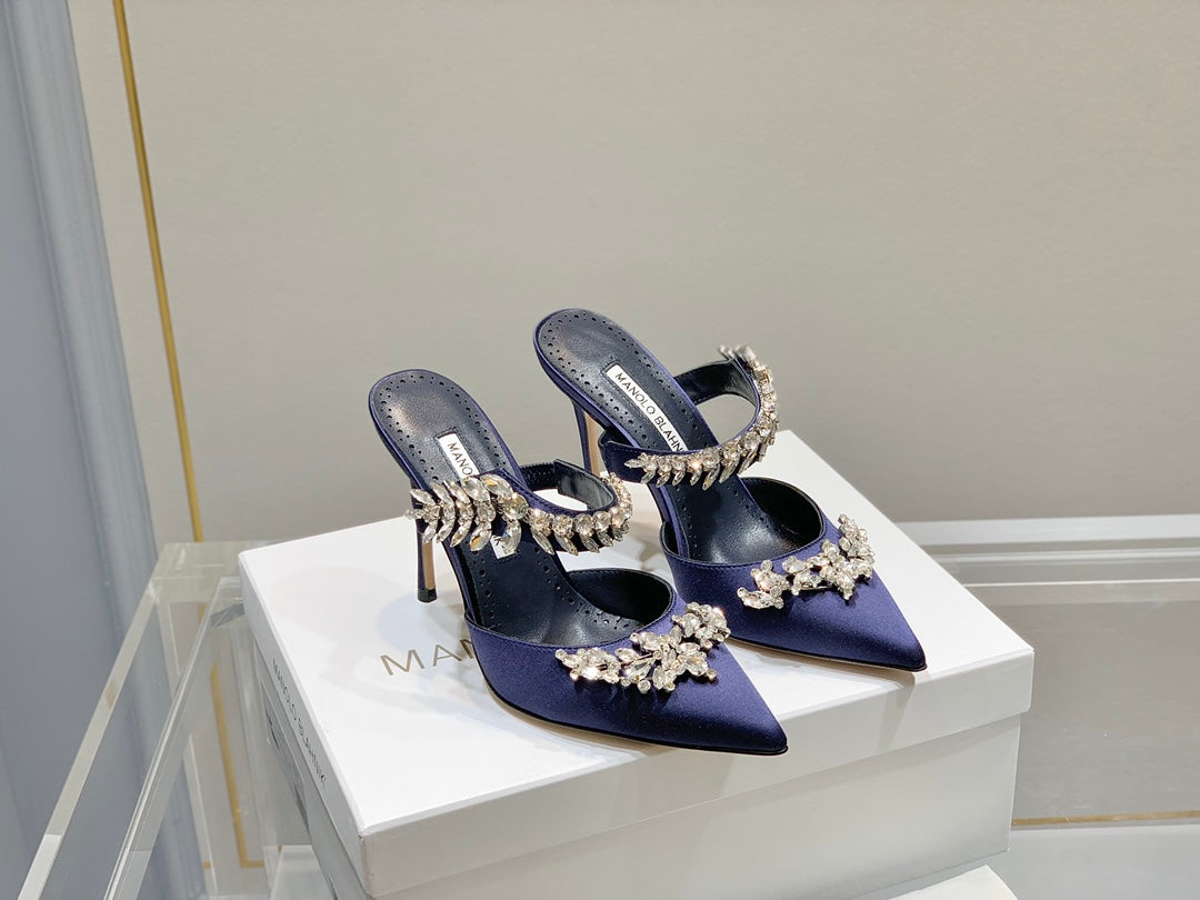 Manolo Mules Crystal Navy Blue Silk Satin 219378