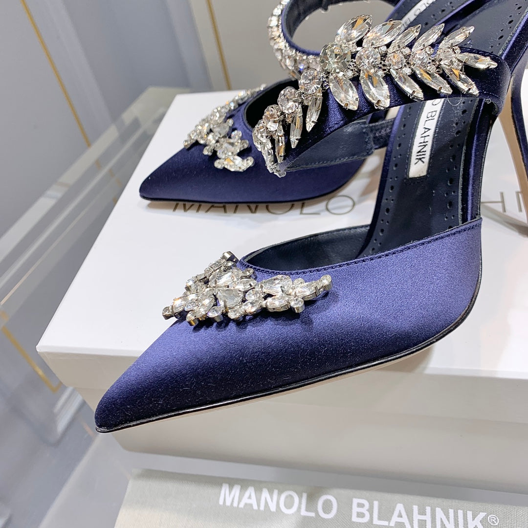 Manolo Mules Crystal Navy Blue Silk Satin 219378