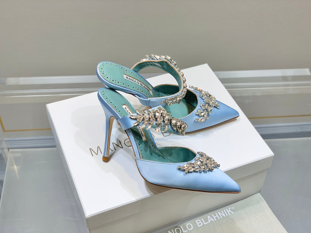 Manolo Mules Crystal Blue Silk Satin 219380