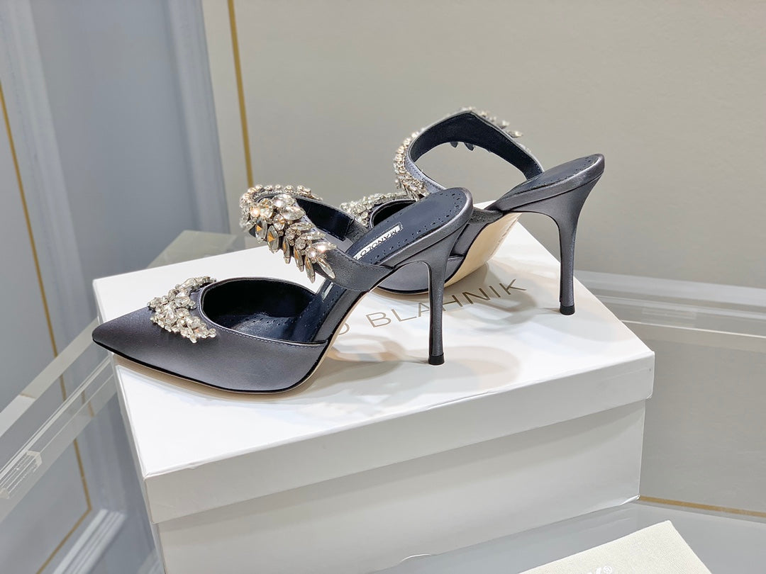 Manolo Mules Crystal Grey Silk Satin 219383