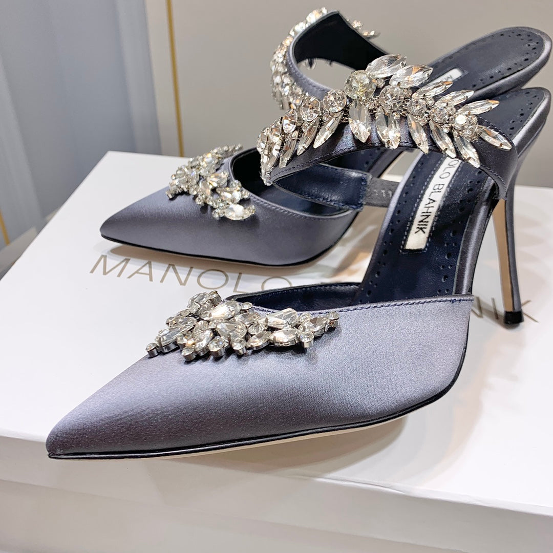 Manolo Mules Crystal Grey Silk Satin 219383