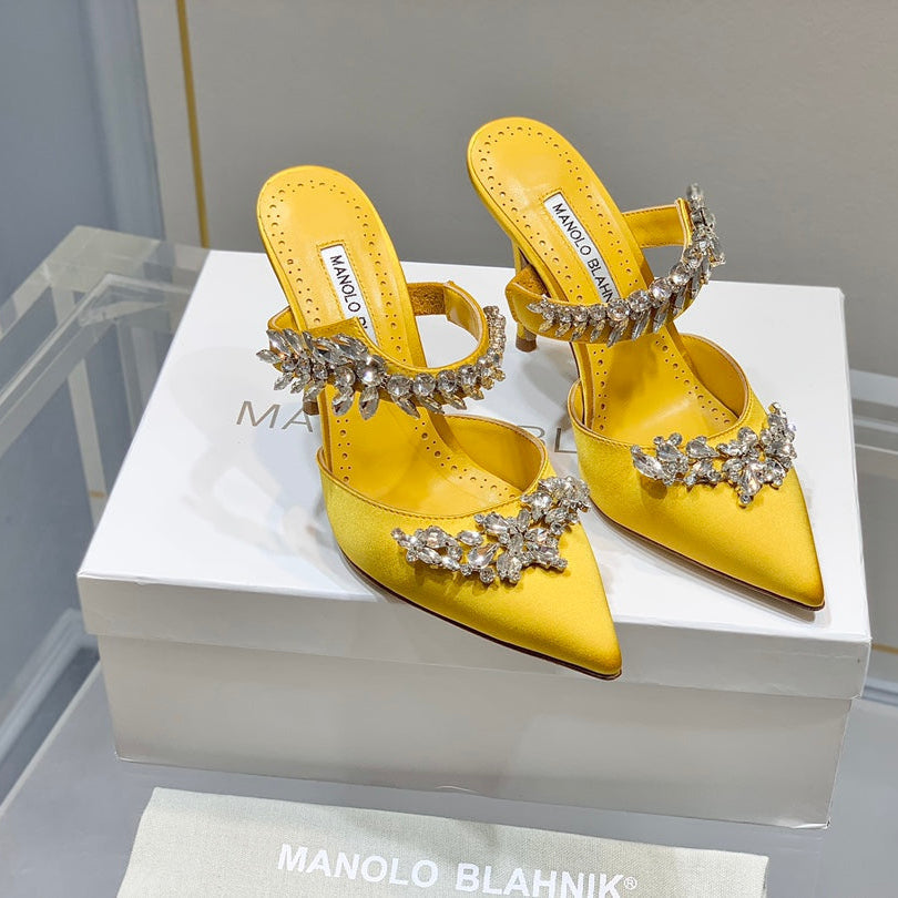 Manolo Mules Crystal Yellow Silk Satin 219384