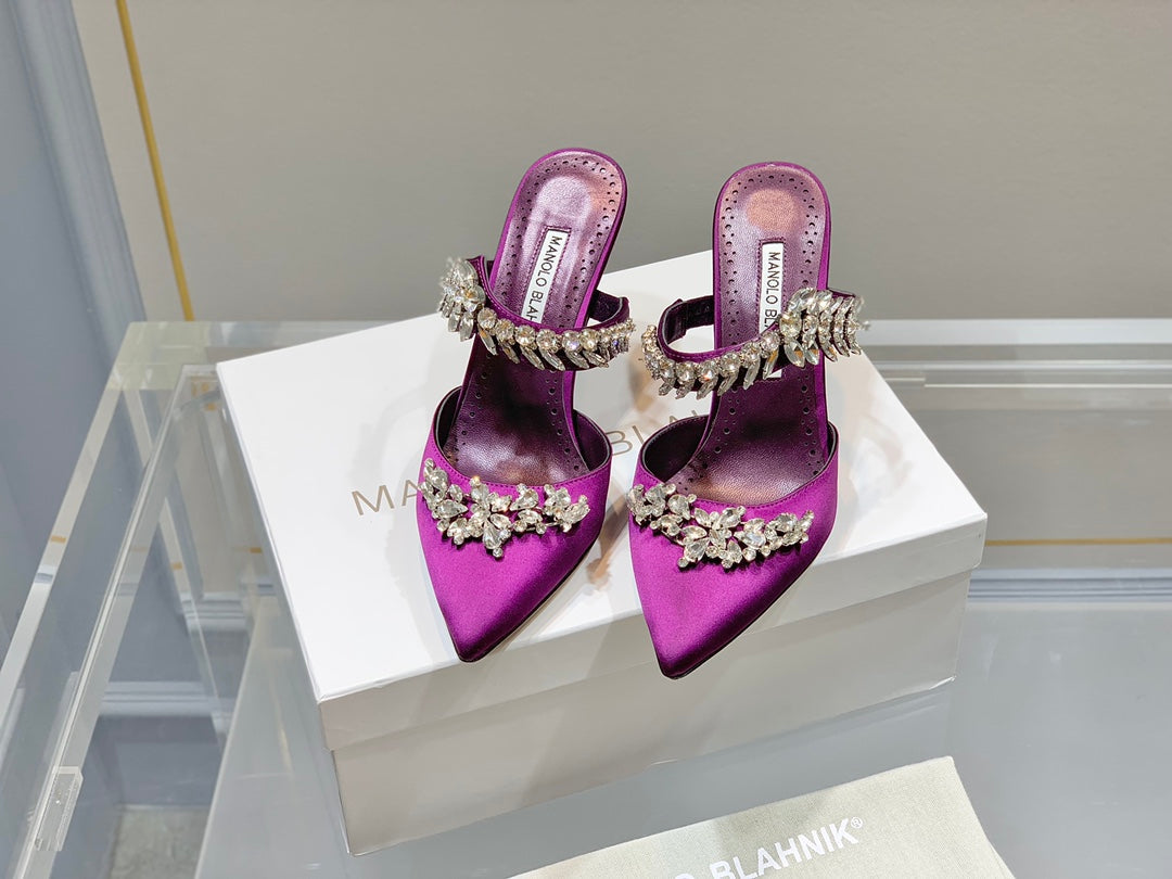 Manolo Mules Crystal Purple Silk Satin 219385