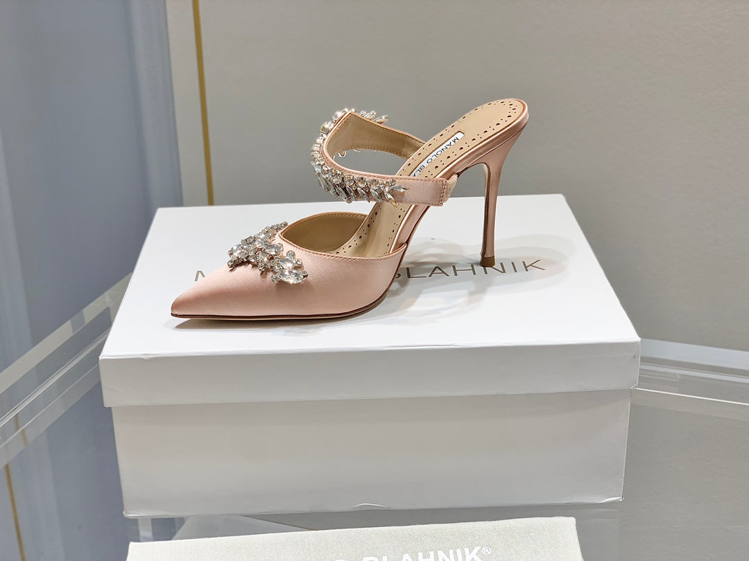 Manolo Mules Crystal Pink Silk Satin 219386