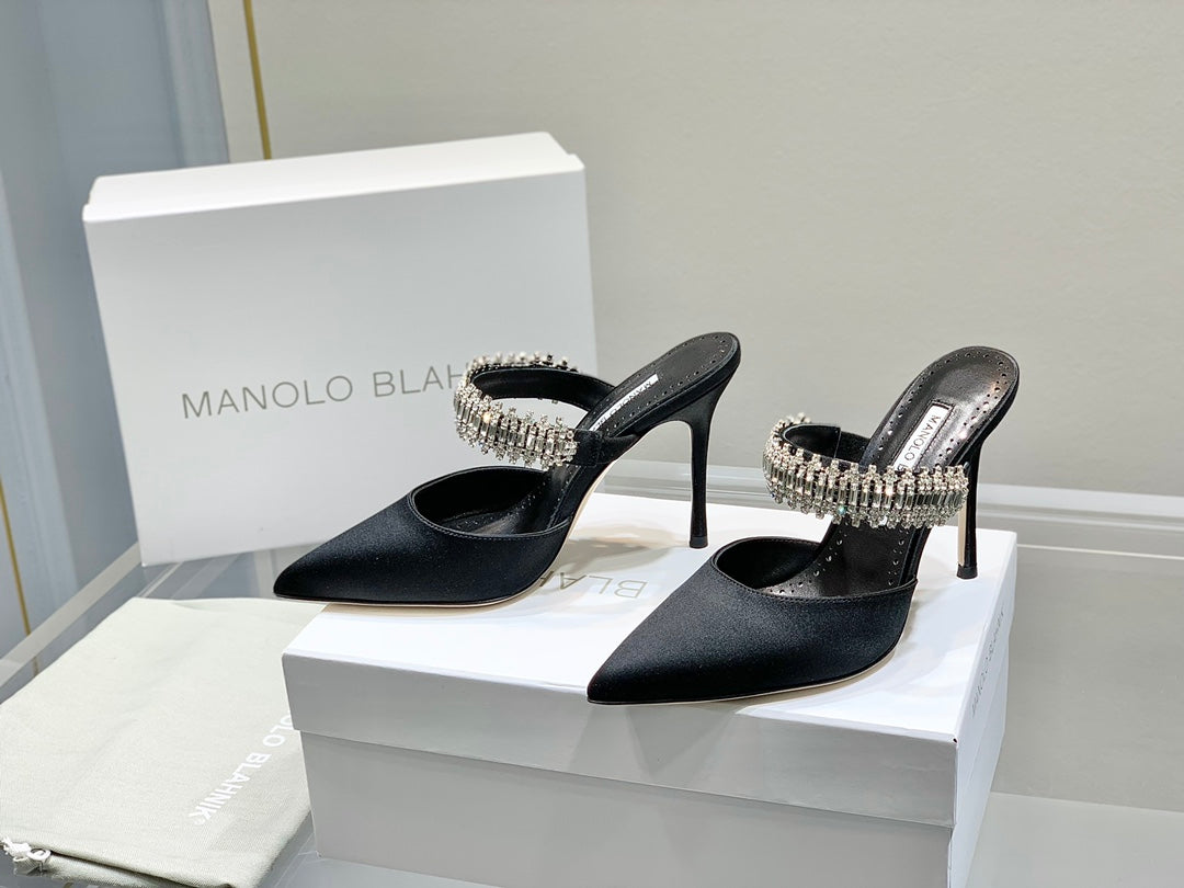 Manolo Mules Diamond Buckle Black Silk Satin 218812
