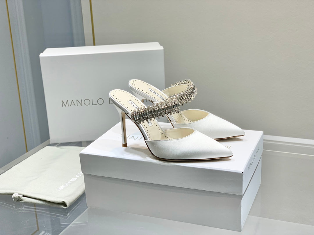 Manolo Mules Diamond Buckle White Silk Satin 218814