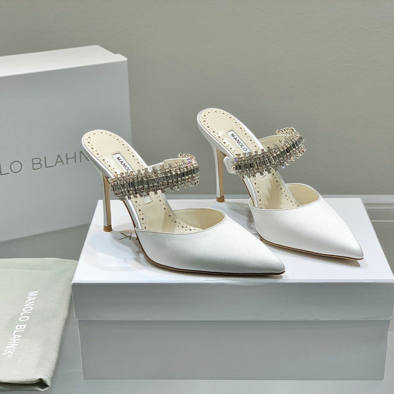 Manolo Mules Diamond Buckle White Silk Satin 218814