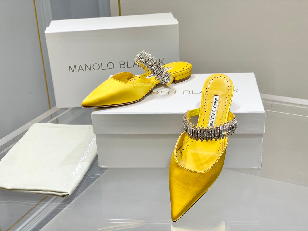 Manolo Flats Mules Diamond Buckle Yellow Silk Satin 327483