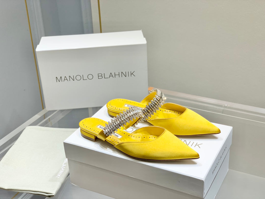 Manolo Flats Mules Diamond Buckle Yellow Silk Satin 327483