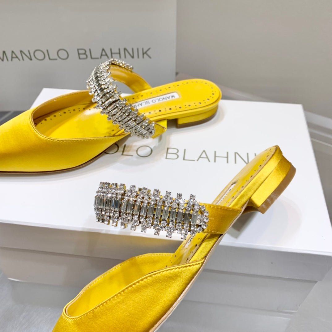 Manolo Flats Mules Diamond Buckle Yellow Silk Satin 327483