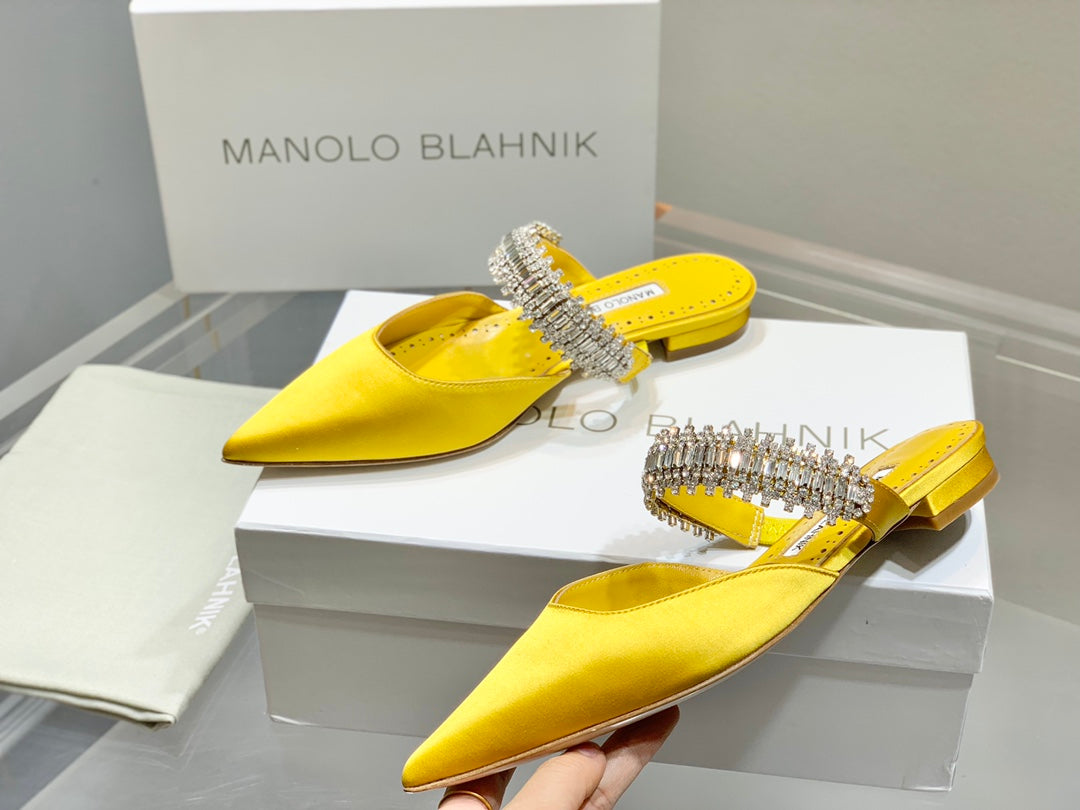 Manolo Flats Mules Diamond Buckle Yellow Silk Satin 327483