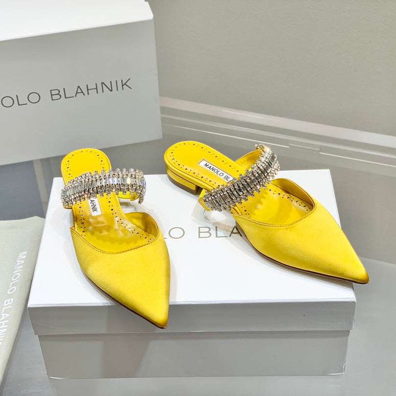 Manolo Flats Mules Diamond Buckle Yellow Silk Satin 327483