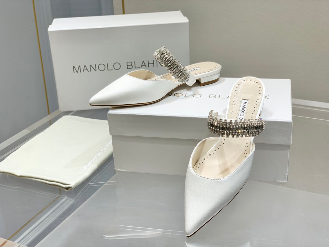 Manolo Flats Mules Diamond Buckle White Silk Satin 327486