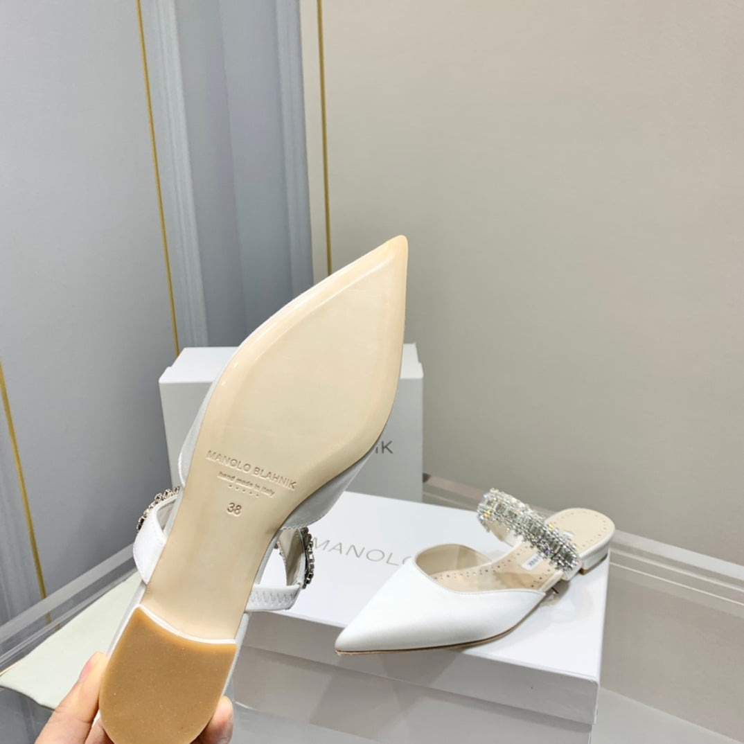 Manolo Flats Mules Diamond Buckle White Silk Satin 327486