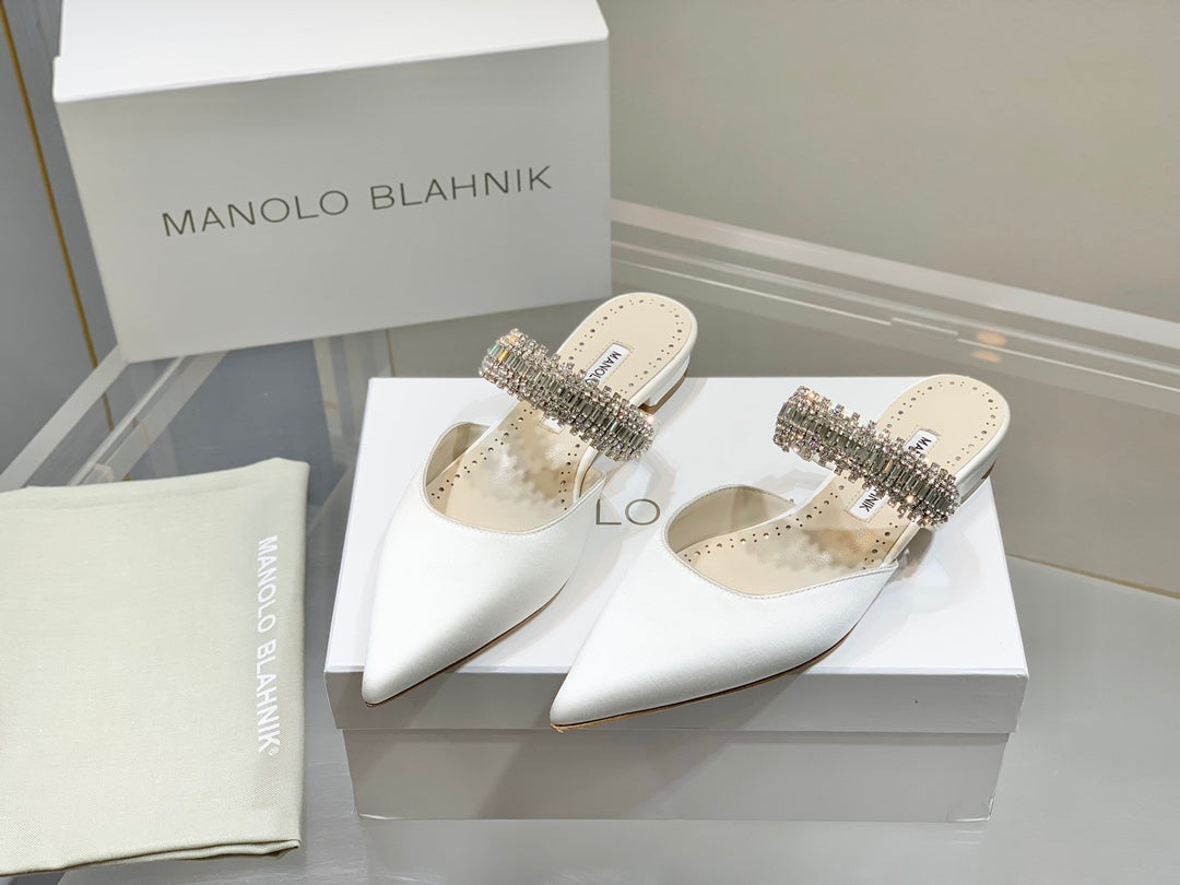 Manolo Flats Mules Diamond Buckle White Silk Satin 327486