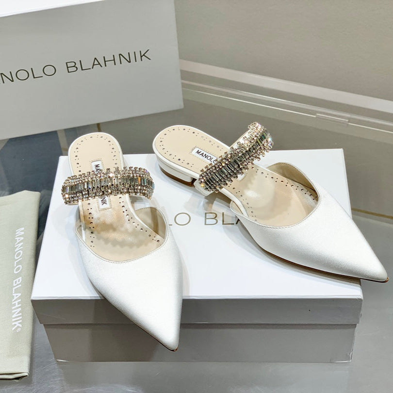 Manolo Flats Mules Diamond Buckle White Silk Satin 327486