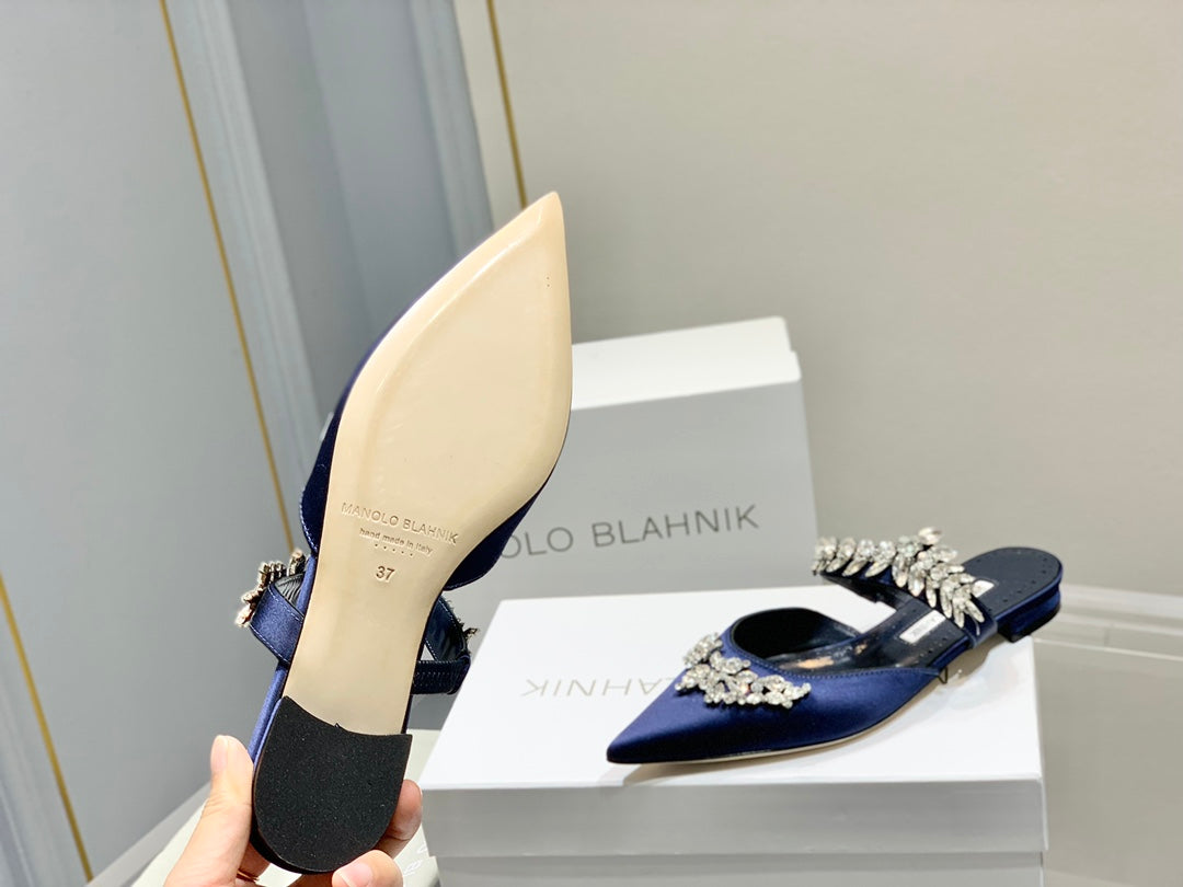 Manolo Flats Mules Crystal Navy Blue Silk Satin 327470