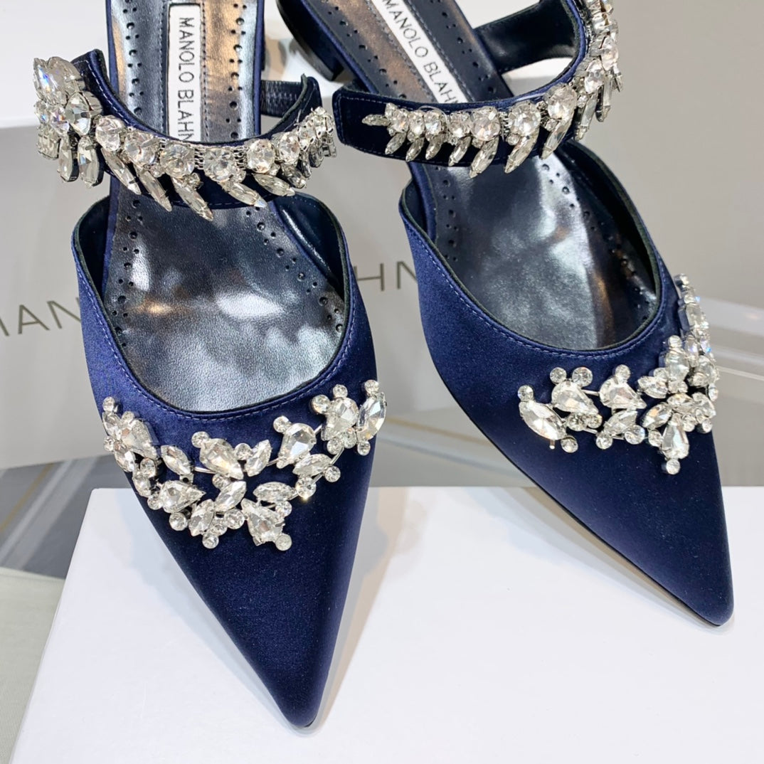 Manolo Flats Mules Crystal Navy Blue Silk Satin 327470