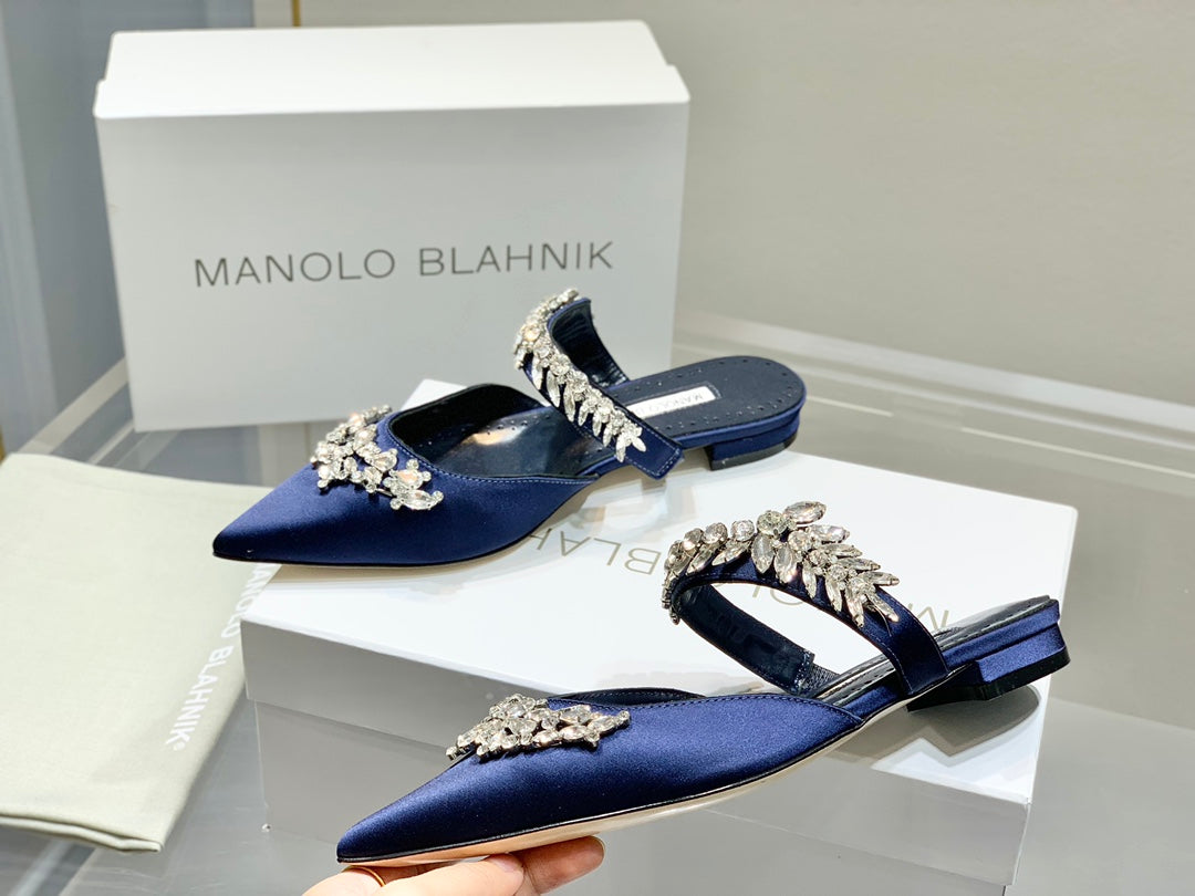 Manolo Flats Mules Crystal Navy Blue Silk Satin 327470