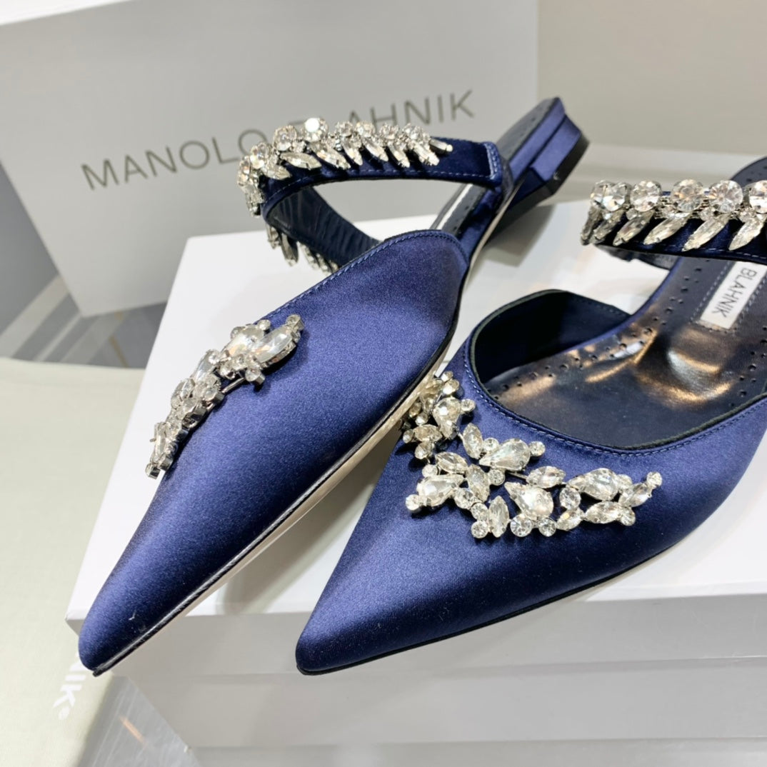 Manolo Flats Mules Crystal Navy Blue Silk Satin 327470