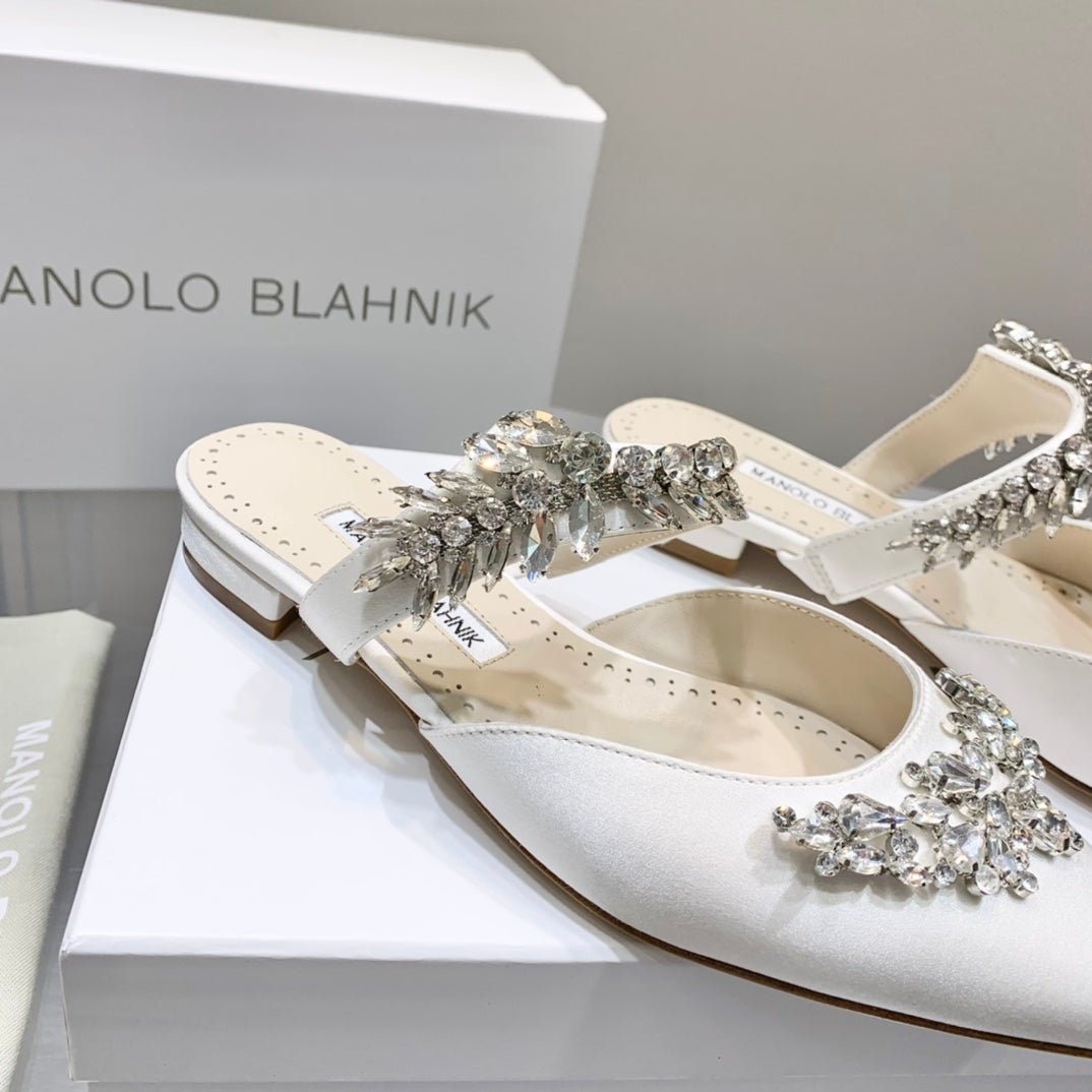 Manolo Flats Mules Crystal White Silk Satin 327471