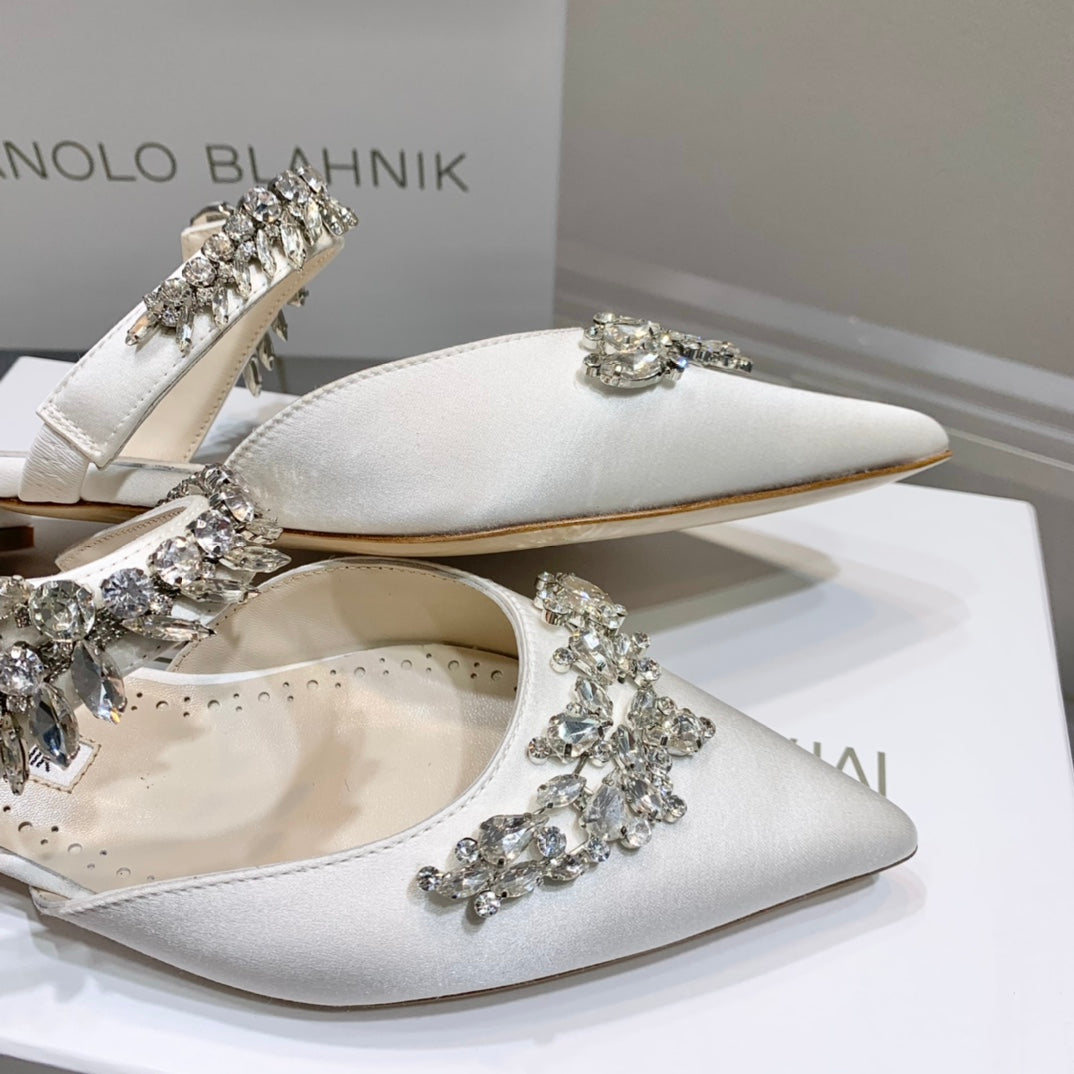 Manolo Flats Mules Crystal White Silk Satin 327471
