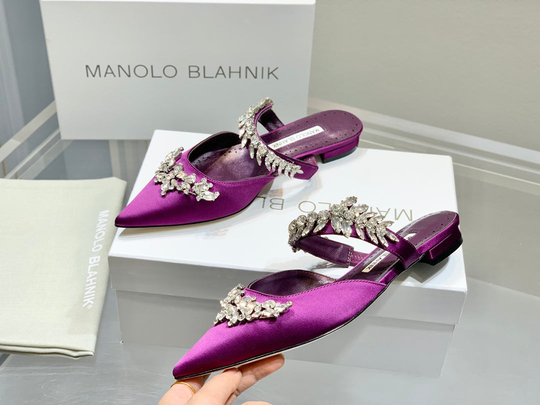 Manolo Flats Mules Crystal Purple Silk Satin 327473