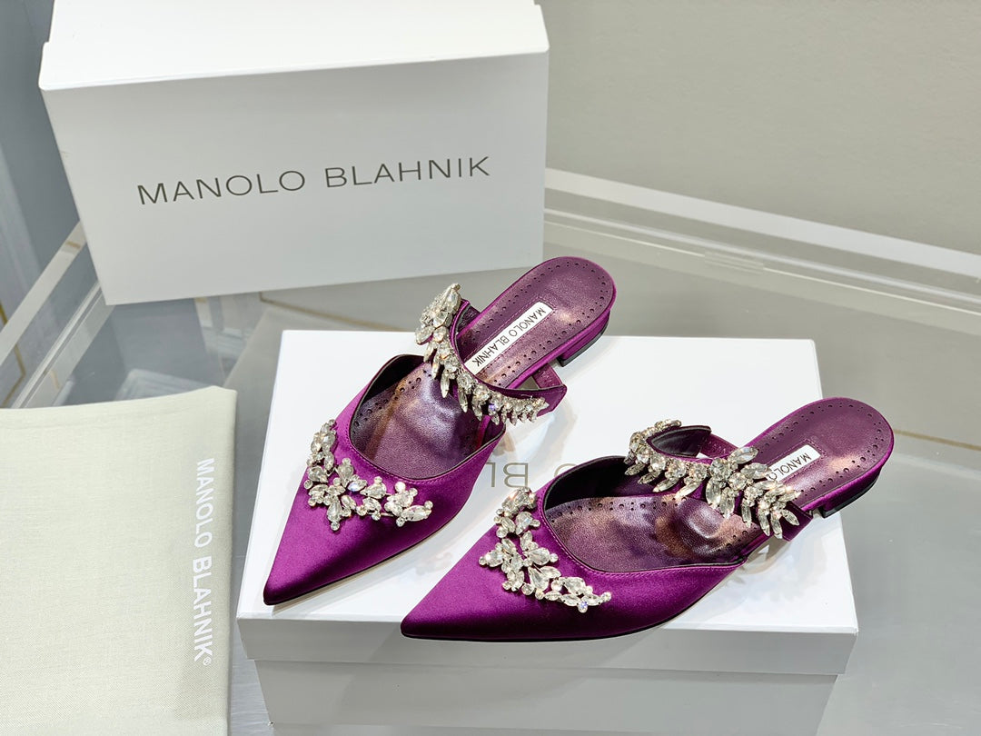 Manolo Flats Mules Crystal Purple Silk Satin 327473