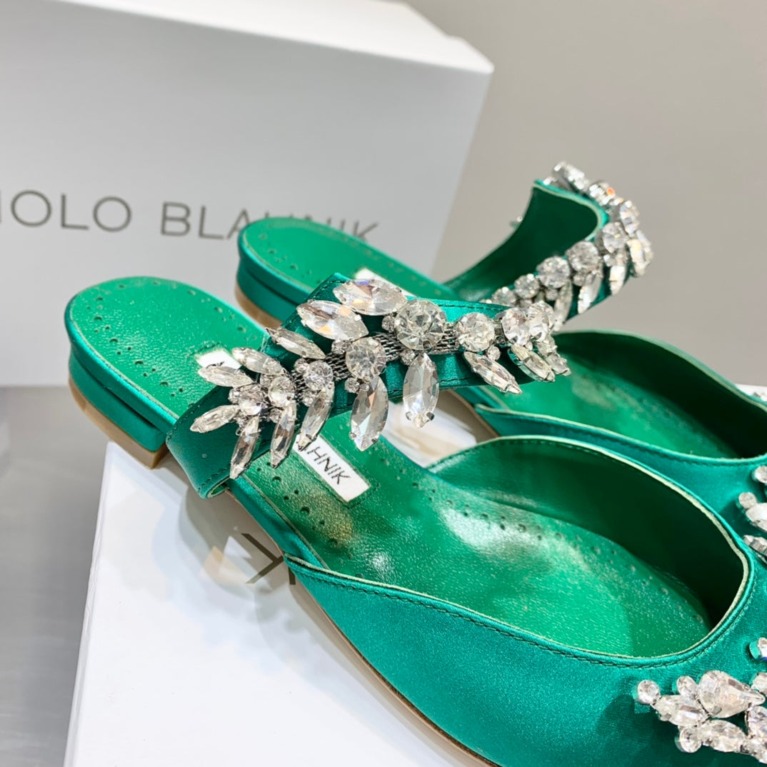 Manolo Flats Mules Crystal Green Silk Satin 327474