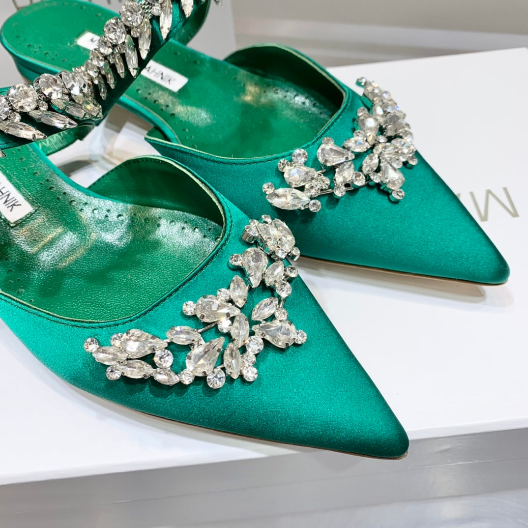 Manolo Flats Mules Crystal Green Silk Satin 327474