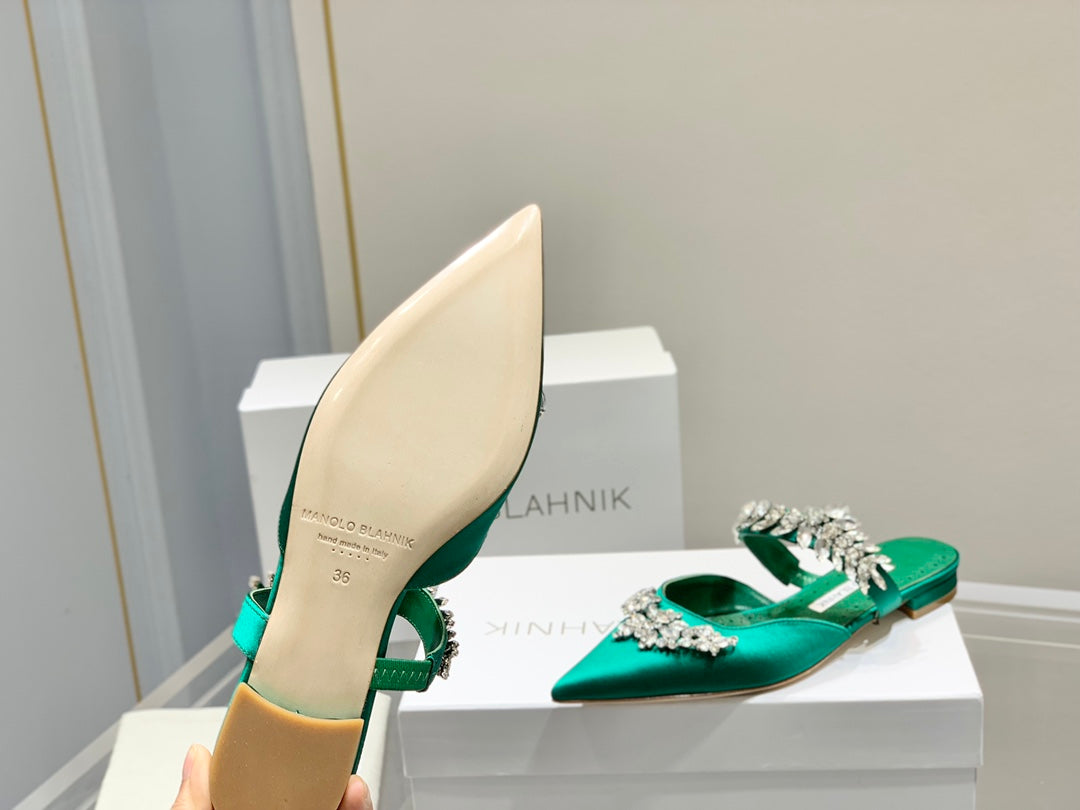 Manolo Flats Mules Crystal Green Silk Satin 327474