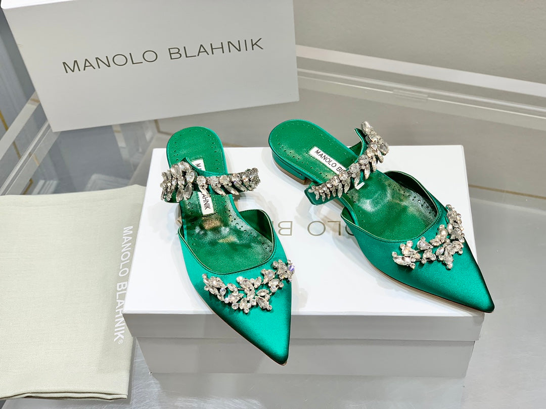 Manolo Flats Mules Crystal Green Silk Satin 327474