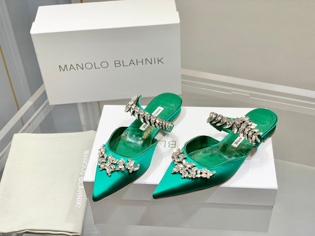 Manolo Flats Mules Crystal Green Silk Satin 327474