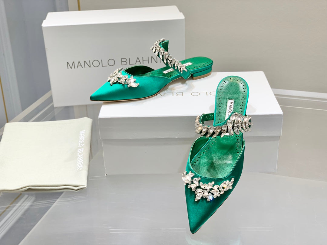 Manolo Flats Mules Crystal Green Silk Satin 327474