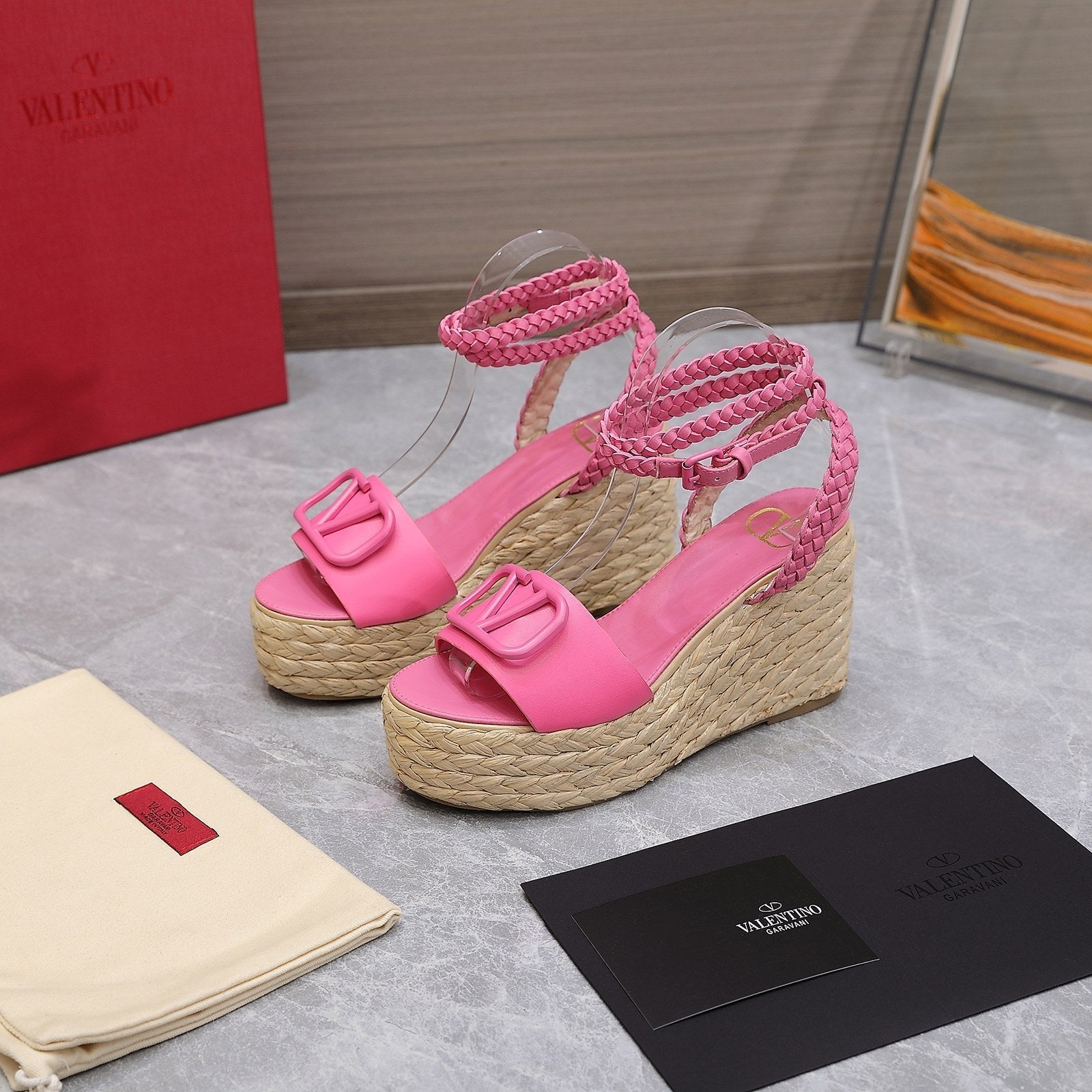 VT Wedge Platform Sandals Pink Cowhide Espadrilles