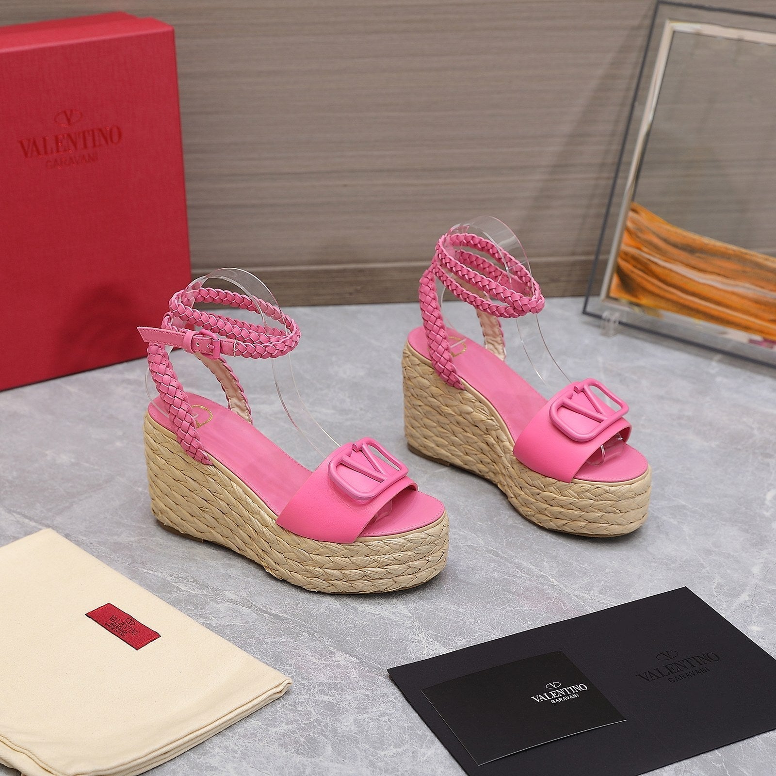 VT Wedge Platform Sandals Pink Cowhide Espadrilles