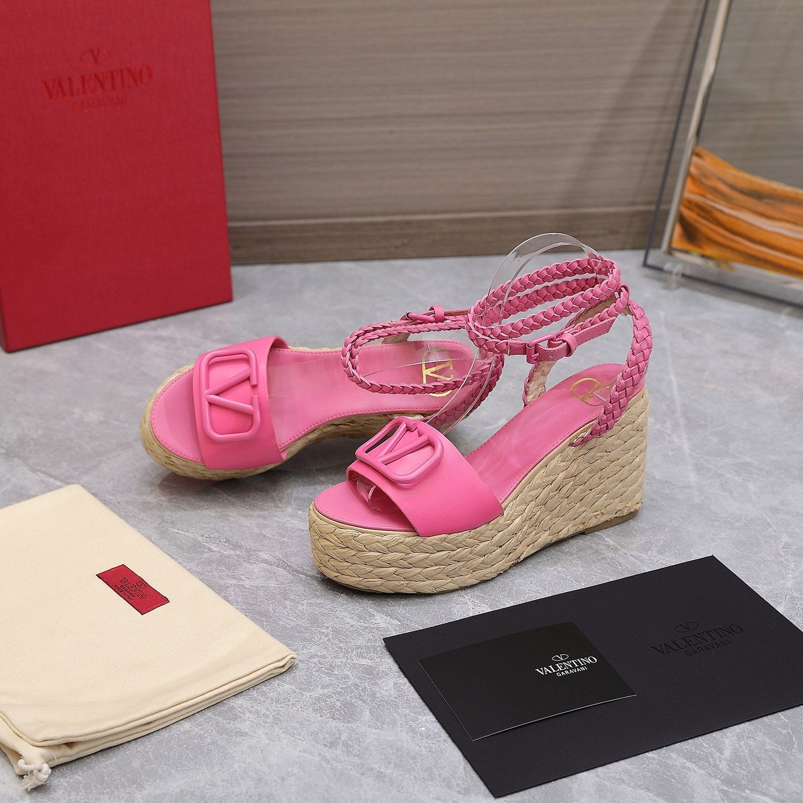 VT Wedge Platform Sandals Pink Cowhide Espadrilles