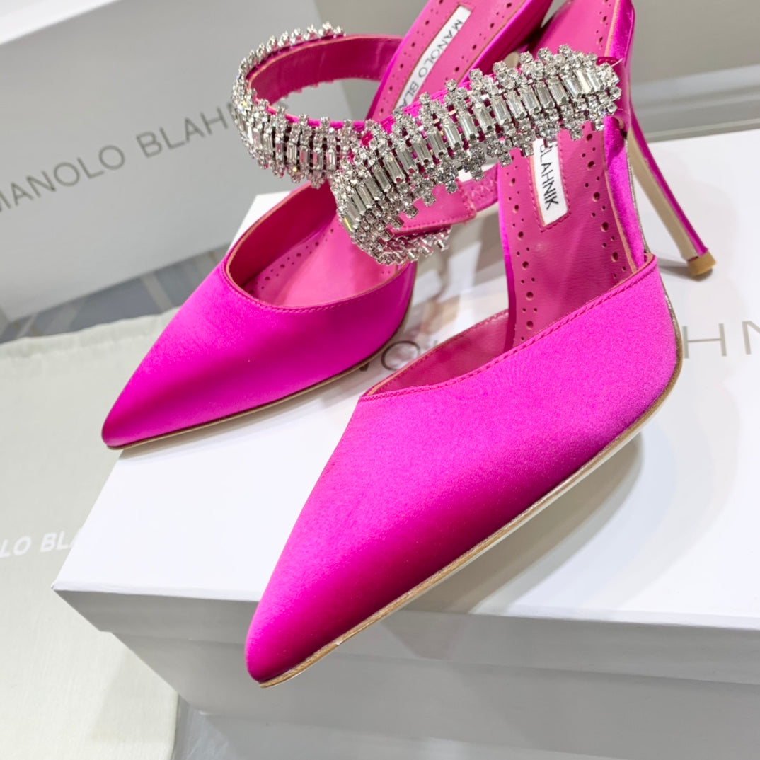 Manolo Mules Diamond Buckle Dark Pink Silk Satin 327475