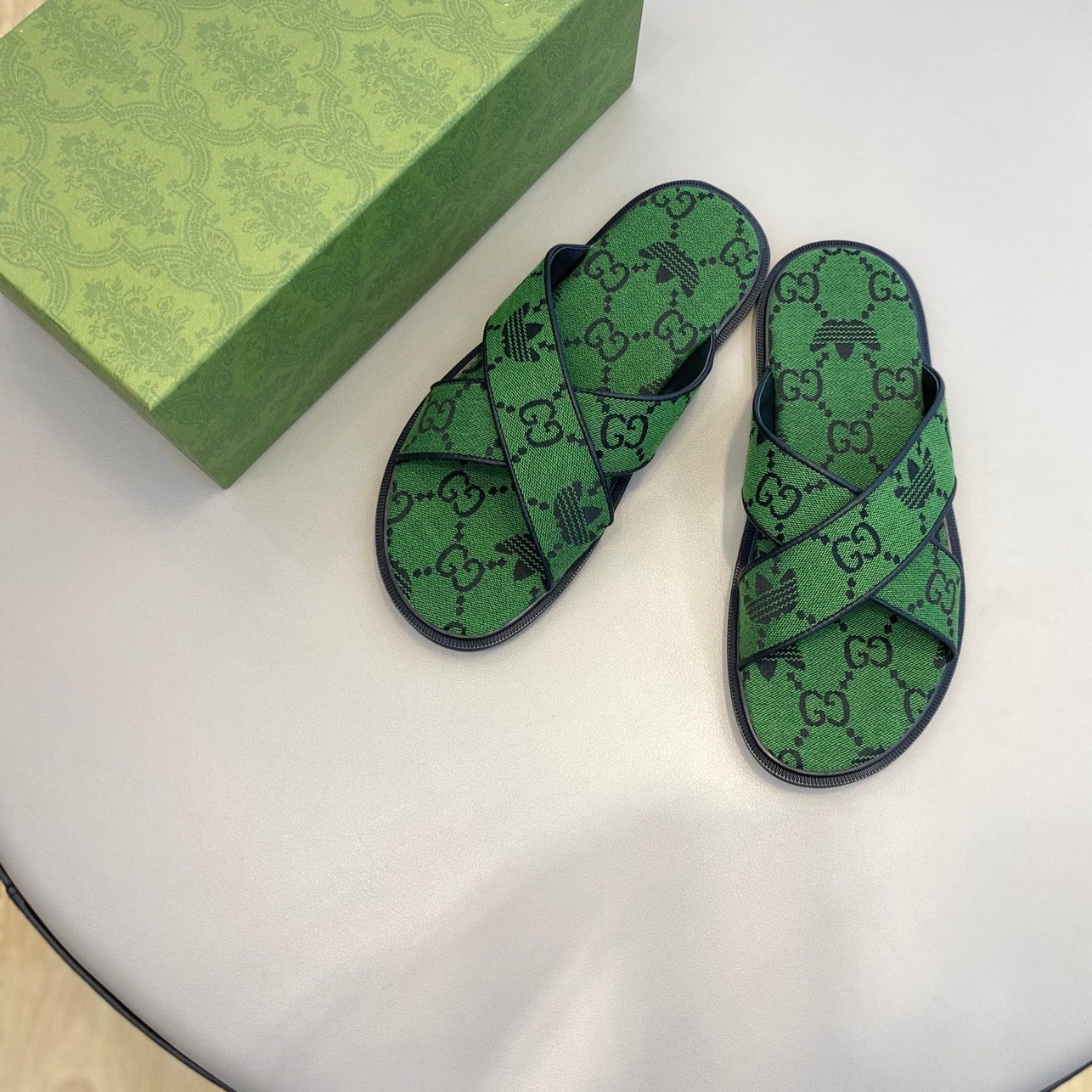 GG x Adidas Men's Sandals Slide Green Canvas 558905