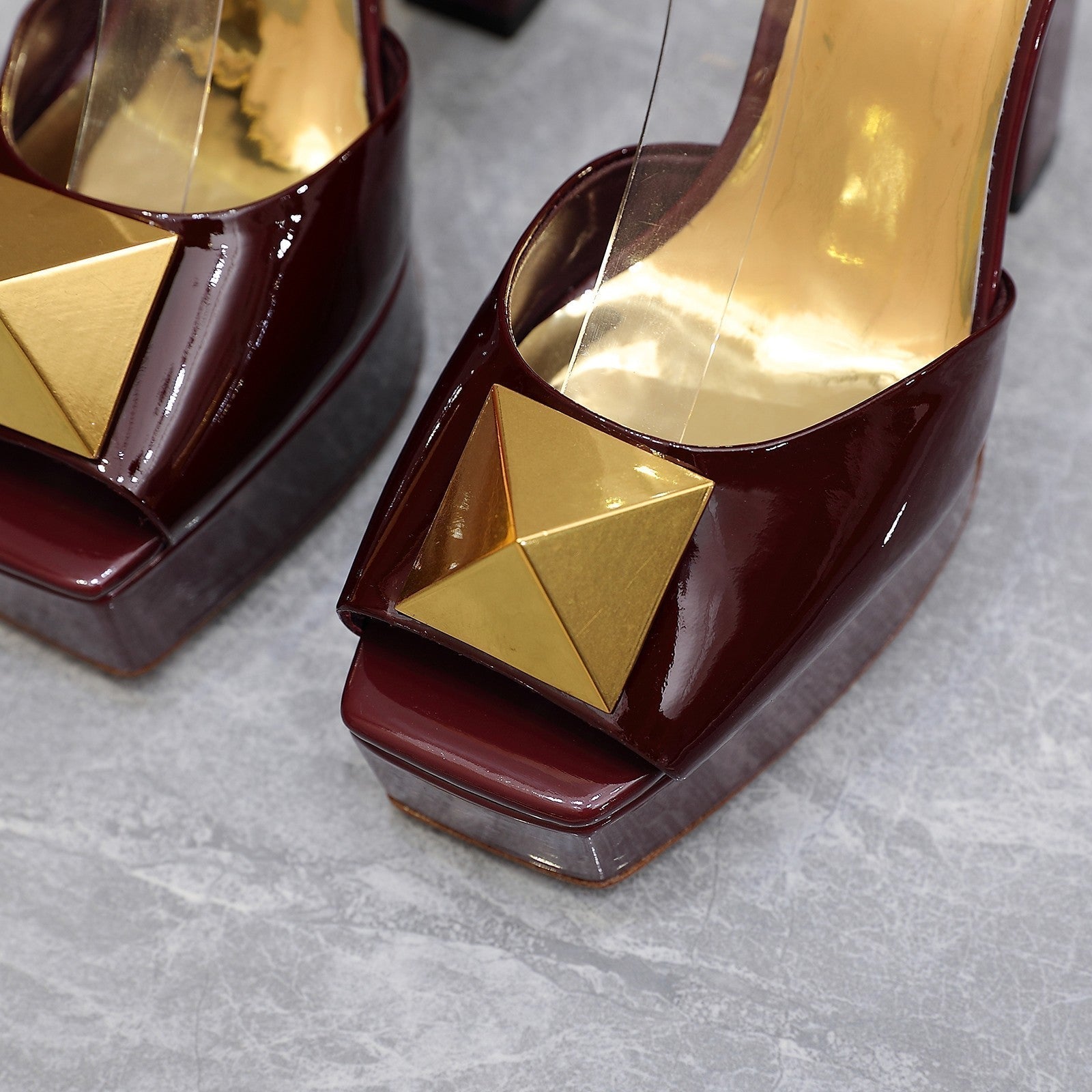Open Toe Pump With One Stud Gold Patent Burgundy Leather 130MM