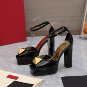 Open Toe Pump With One Stud Gold Patent Black Leather 130MM