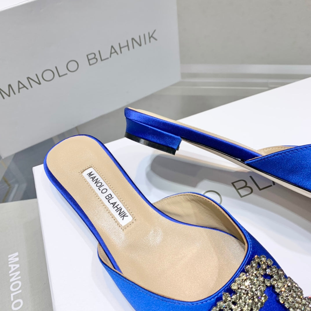 Manolo Buckle Flast Mules Navy Blue Silk 327512