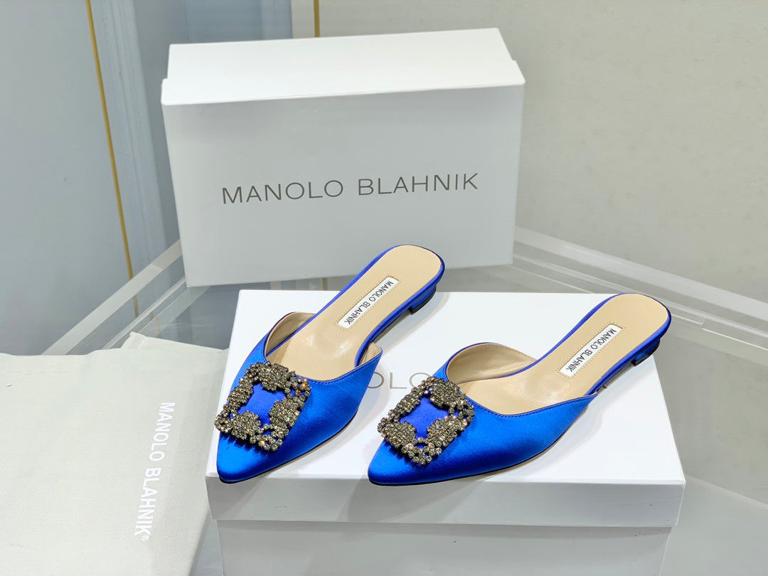 Manolo Buckle Flast Mules Navy Blue Silk 327512