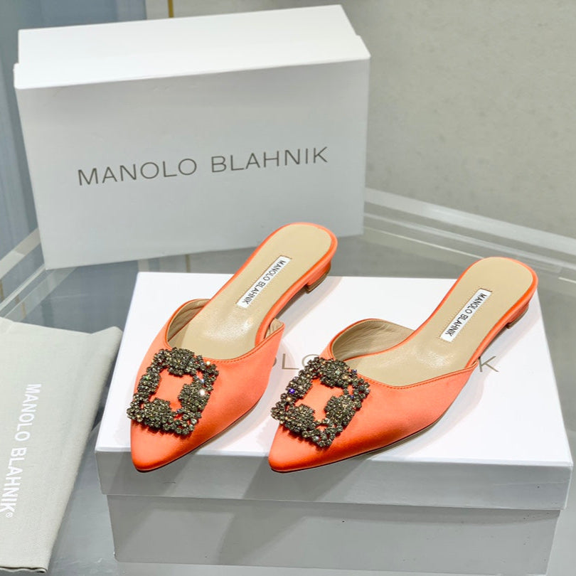 Manolo Buckle Flast Mules Orange Silk 327520