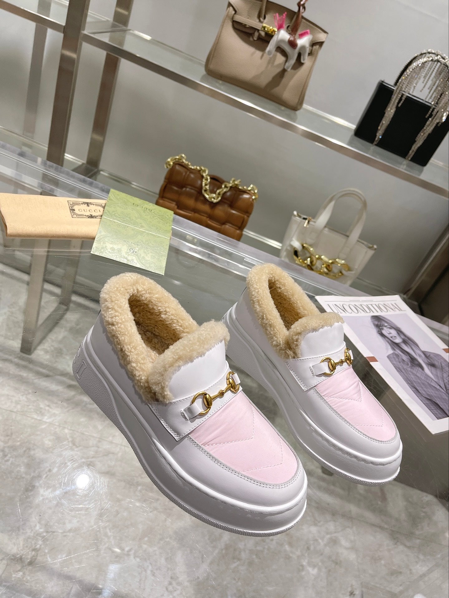 GG Snow Boots White Pink Calfskin Wool 576241